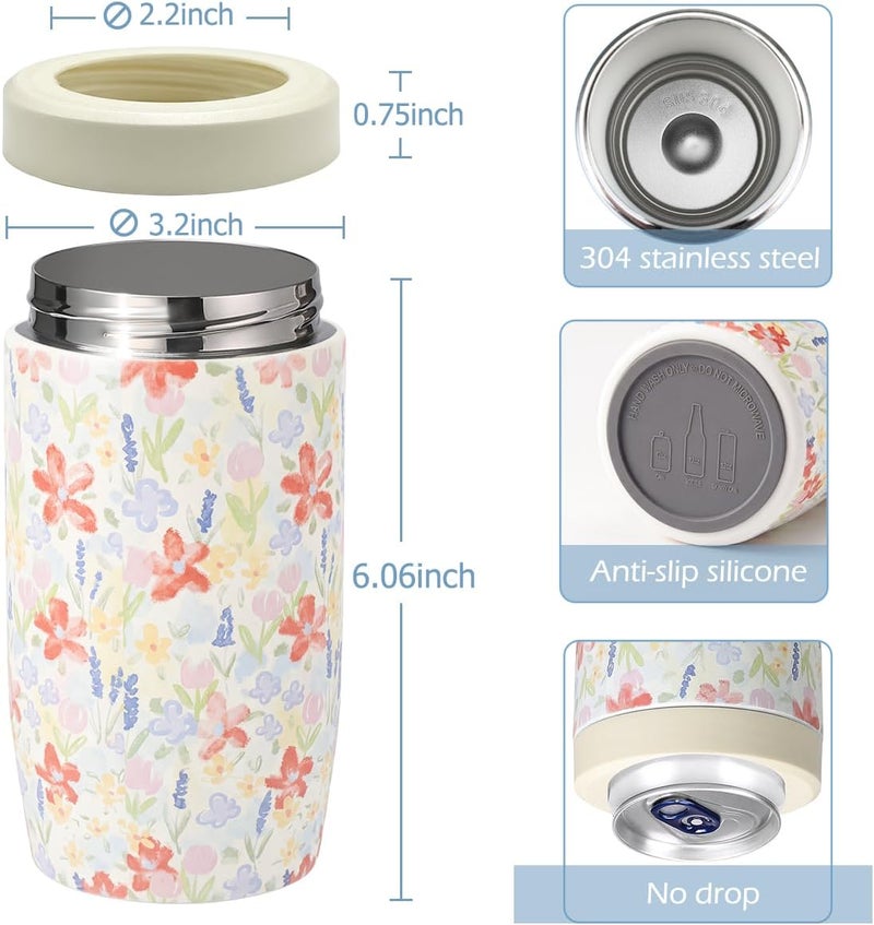 MoreFeel 4-in-1 Skinny Can Cooler Double Wall Stainless Steel Insulated Can Holder,Can Coozie, Works With 12 Oz Slim Can,Standard Cans,Beer Bottles & As Pint Cups (Floral Pink) - Image 4